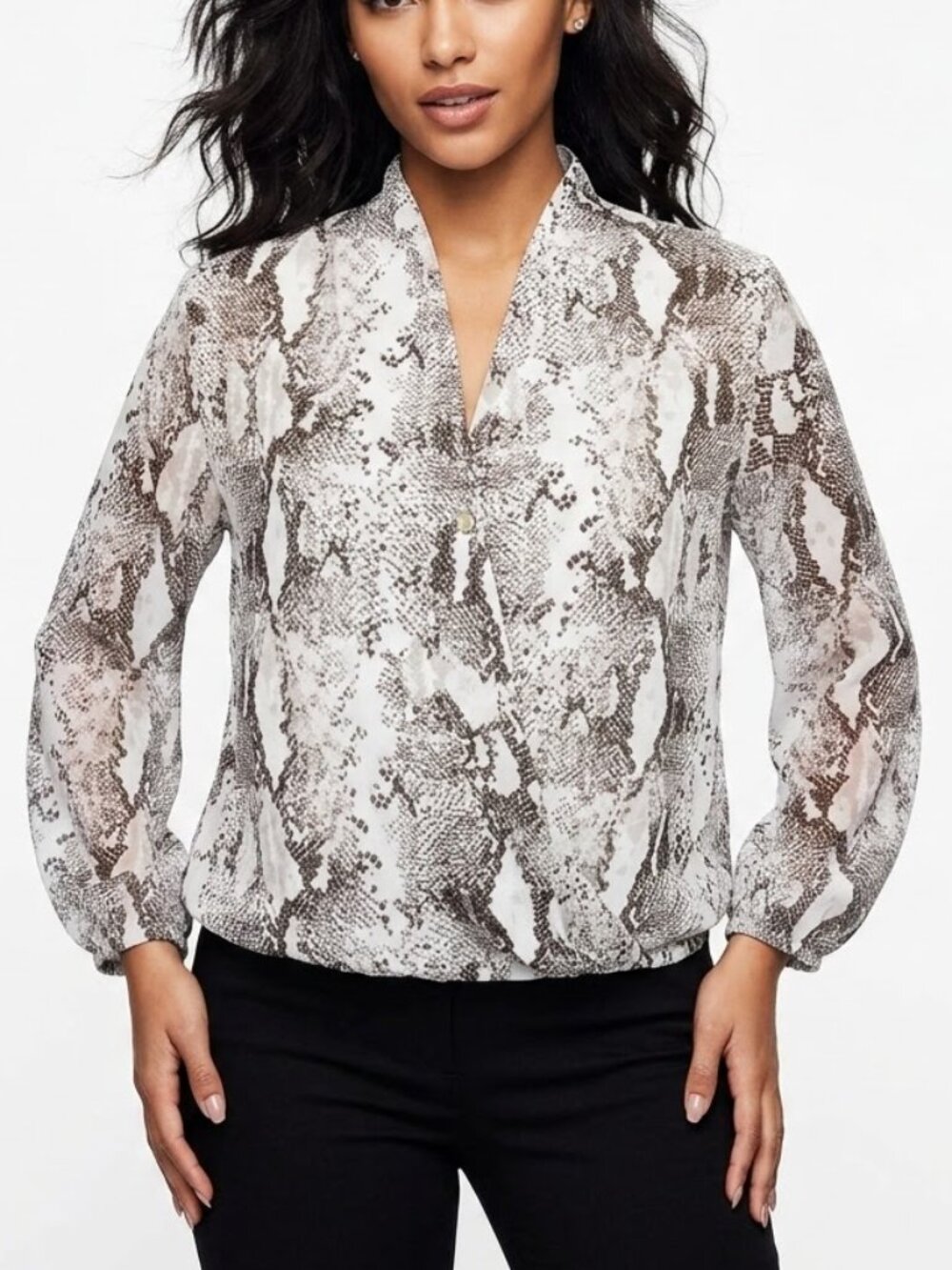 KAII Los Angeles Snakeskin Surplice Wrap Blouse Grayscale Python Print XL